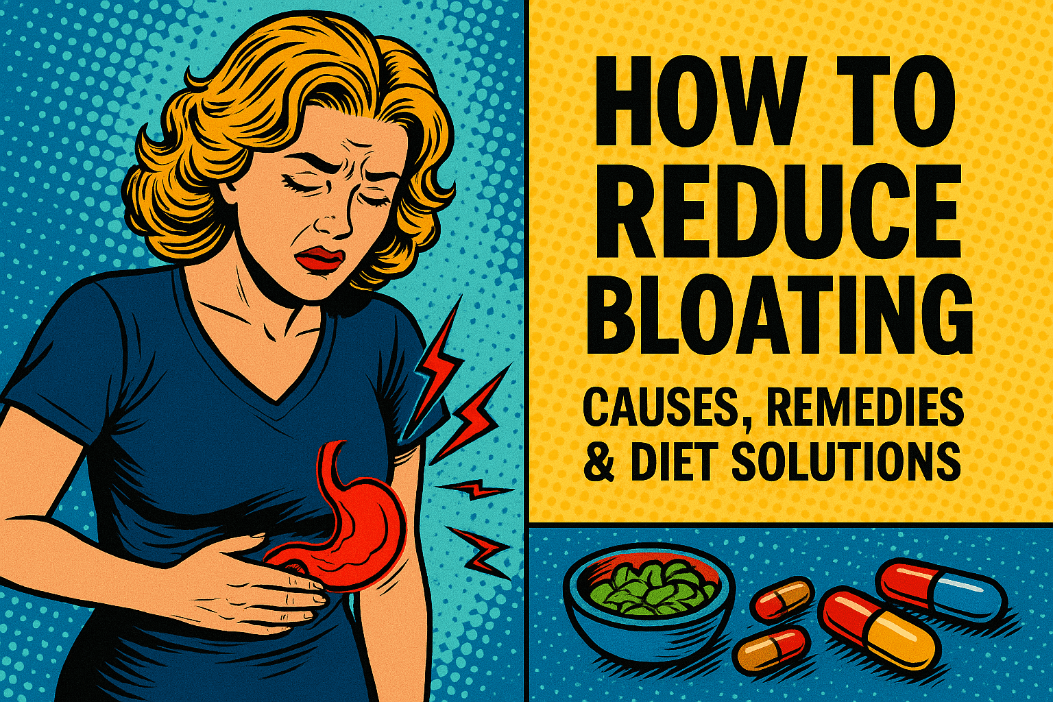 Pop-art comic style illustration of a woman holding her stomach in discomfort, with a red stomach graphic and pain lines, alongside the title “How to Reduce Bloating: Causes, Remedies & Diet