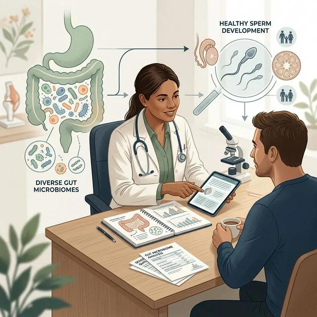 Editorial health illustration connecting gut health and male fertility with microbiome motifs, clinician notes, and a calm medical setting.