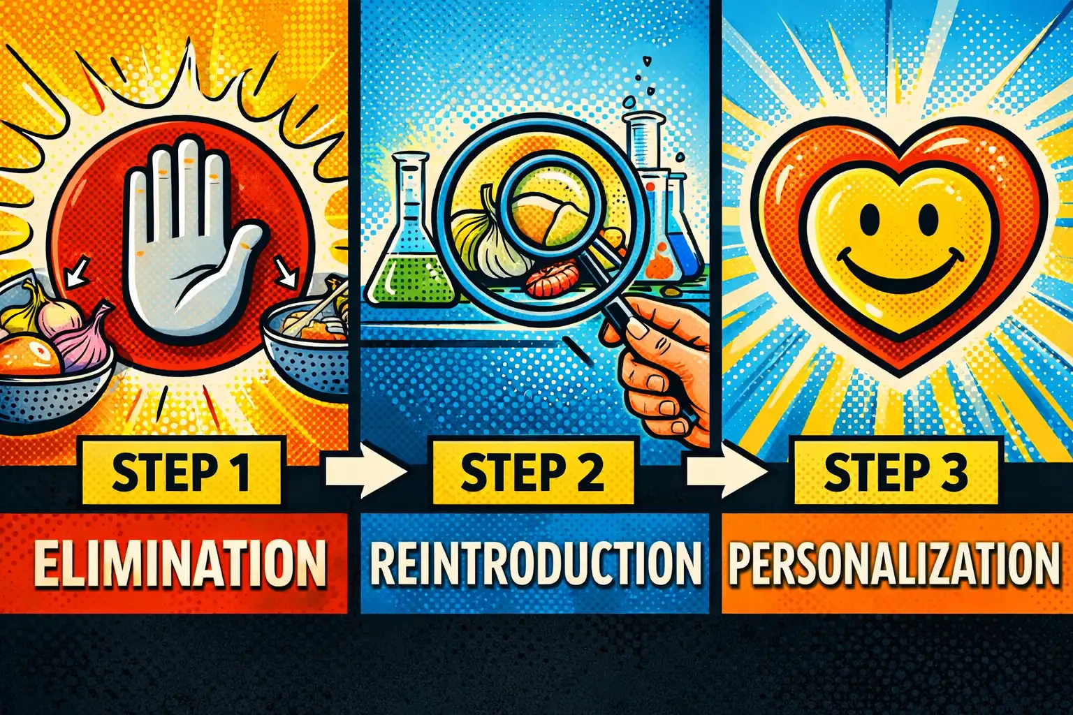 The 3 Phases of the Low FODMAP Diet Pop art style infographic showing the 3 phases of the Low FODMAP diet