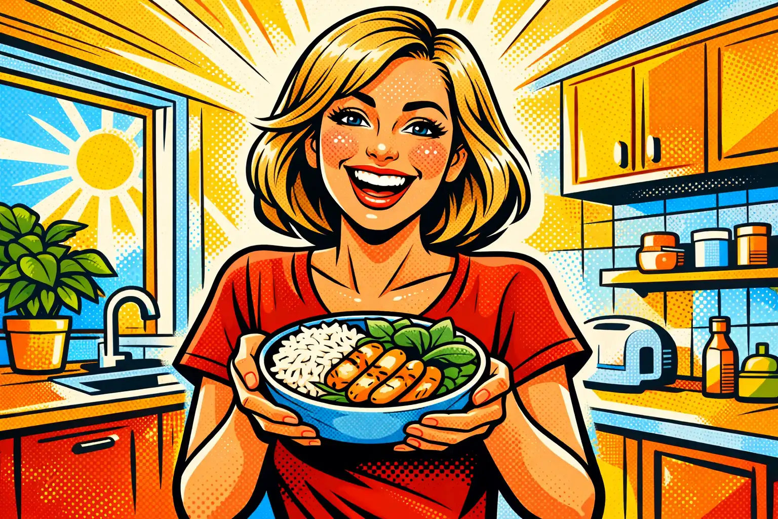 7-Day Low FODMAP Meal Plan for Bloating Relief Pop art style hero image showing a happy person holding a healthy meal bowl