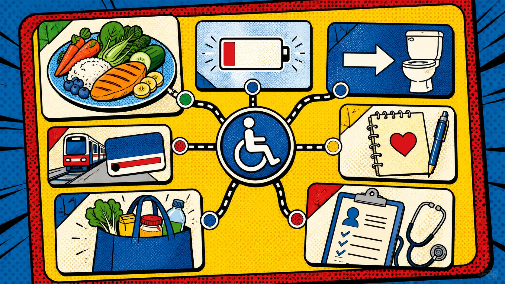 A useful IBS plan has to fit the access you actually have. Pop art style hero image showing an accessible meal-planning board with low-FODMAP food icons, wheelchair access symbol, fatigue battery, bathroom route, transport card, caregiver note, and clinician clipboard.