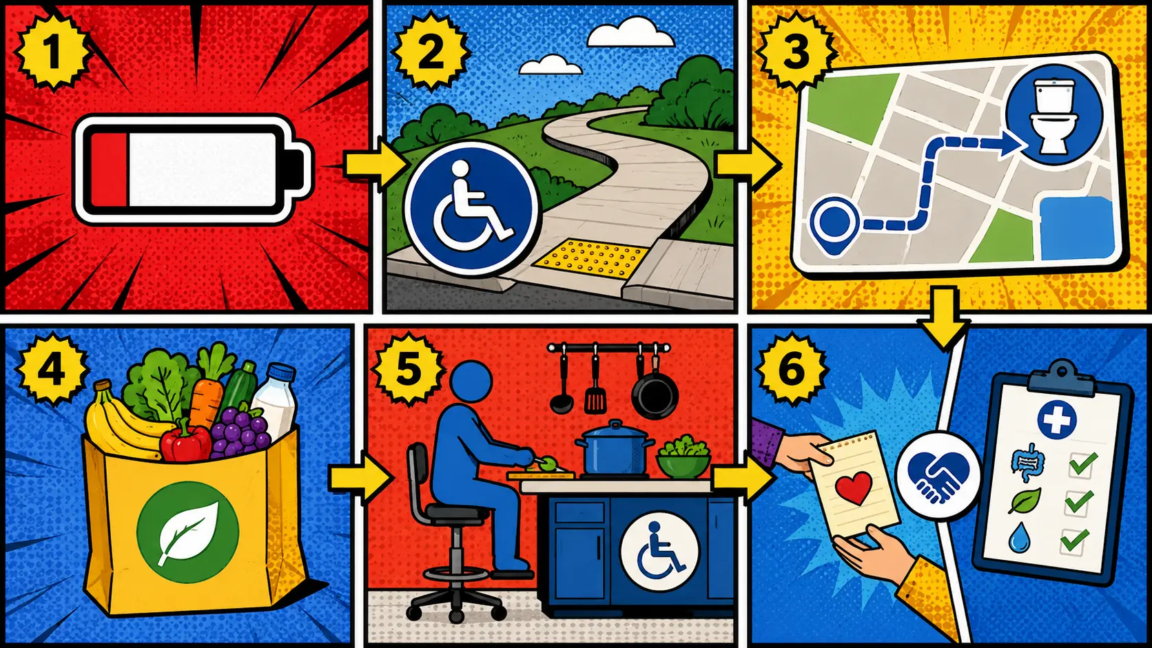 Name the access constraint before adding more food rules. Pop art style route card showing energy limits, bathroom access, shopping transport, cooking support, caregiver handoff, and clinician prep for IBS and low-FODMAP planning.