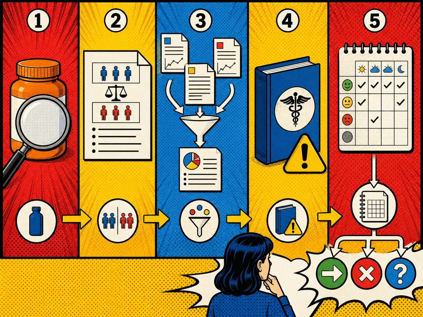 One studied strain still requires five separate checks. A five-lane decision board separates current label facts, randomized trial findings, pooled evidence, guideline caution, and a personal symptom-tracking result.