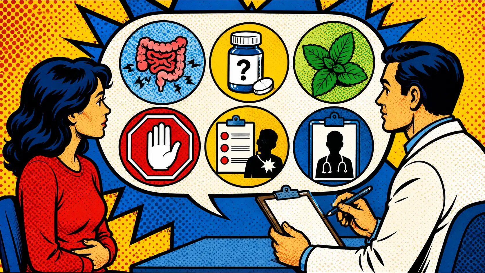 IBS cramping medication choices start with the pattern, not the pill. Pop art style clinician conversation board for IBS cramping with gut cramp icon, medication bottle question mark, peppermint leaf, stop sign, checklist, and clinician clipboard.