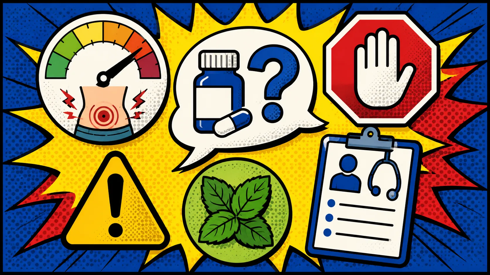 A cramping medication conversation card keeps side effects and stop signs visible. Pop art style IBS cramping medication conversation card with pain pattern, stop signs, medication fit, side-effect caution, and next-route icons.