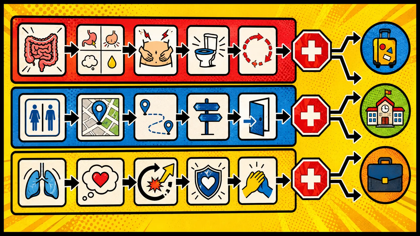 Separate symptoms, access, and fear before choosing the next step. Pop art style route board showing symptom pattern, bathroom access, fear loop support, and clinician stop signs for IBS.