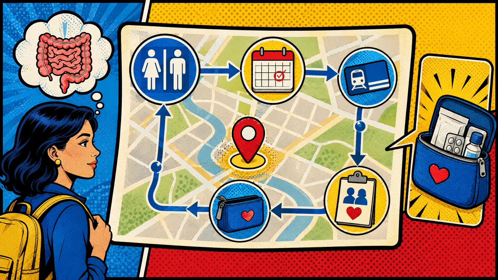 Bathroom anxiety needs a route map, not shame. Pop art style hero image showing an IBS bathroom anxiety route map with restroom icon, calendar, transit card, gut icon, and support clipboard.