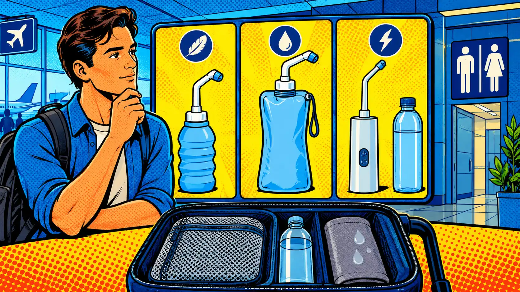 Choose the portable bidet format that fits the trip. An organized traveler compares three unbranded portable bidet formats beside a discreet bathroom travel pouch.