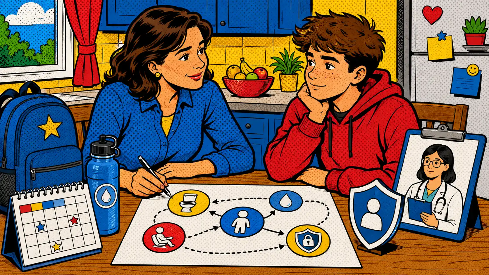 Teen IBS school support works best when dignity stays central. Pop art style hero image showing a caregiver and teen planning IBS school support with a restroom pass, school calendar, water bottle, and clinician clipboard.