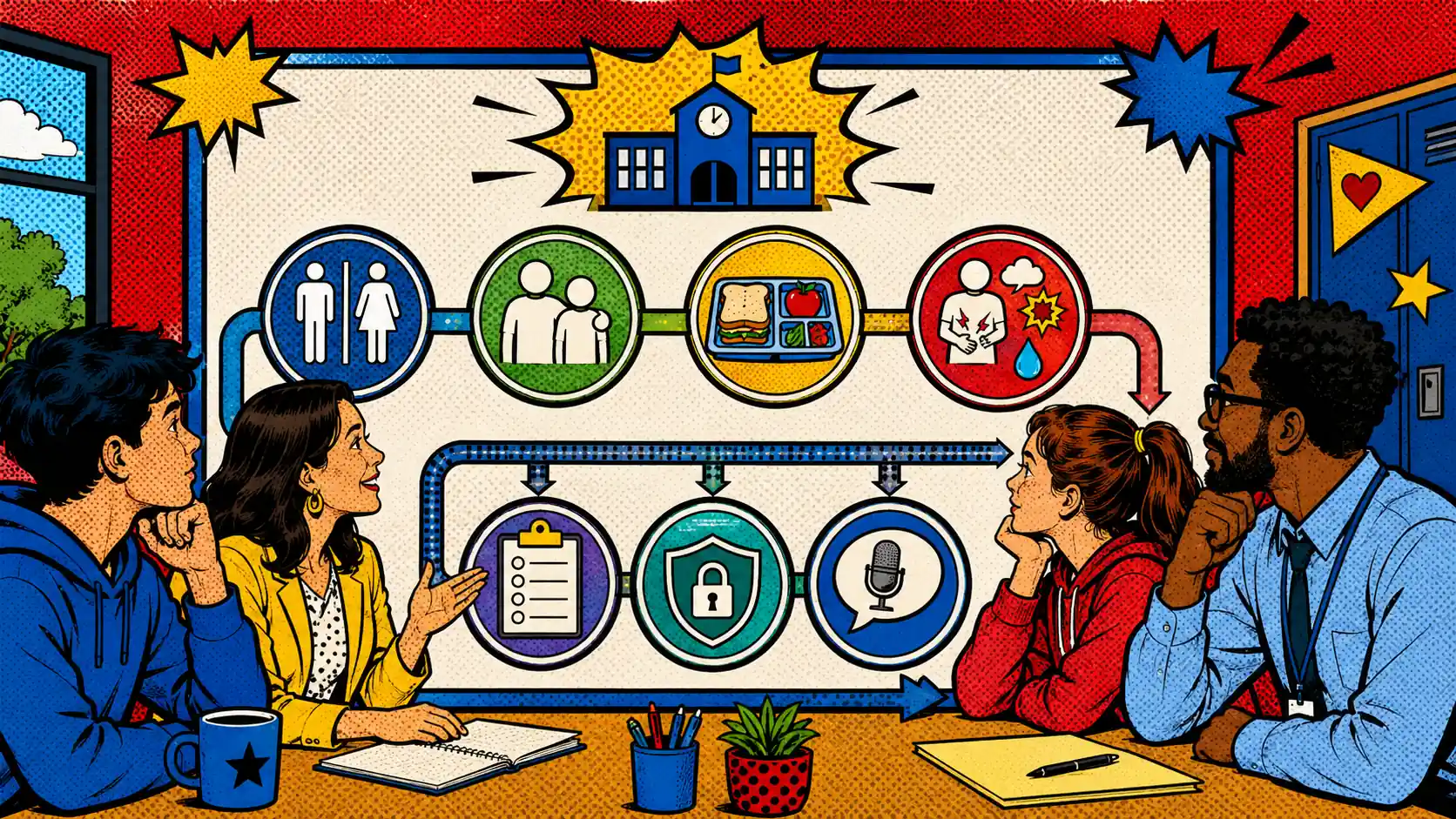 A school support plan should make the next adult step obvious. Pop art style teen IBS school support meeting board showing bathroom access, trusted adult, meals, flare signs, appointment notes, and teen voice.
