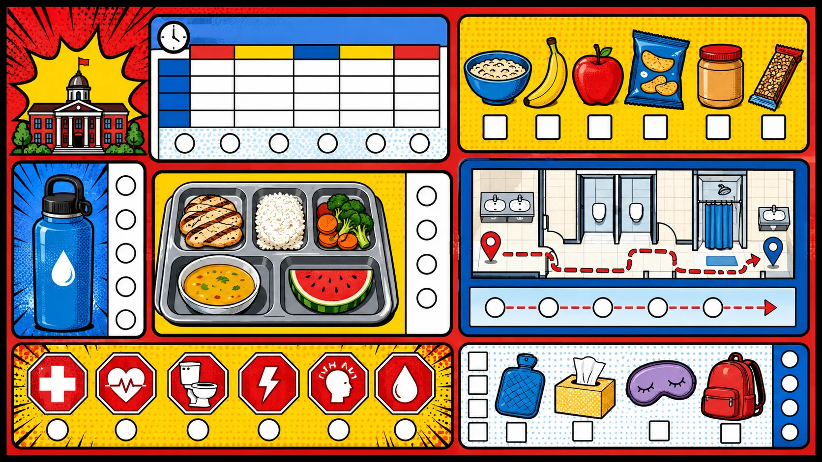A campus flare plan should be visible before symptoms start. Pop art style route card showing class schedule, dorm foods, dining hall plate, hydration bottle, shared bathroom map, and campus health stop signs.