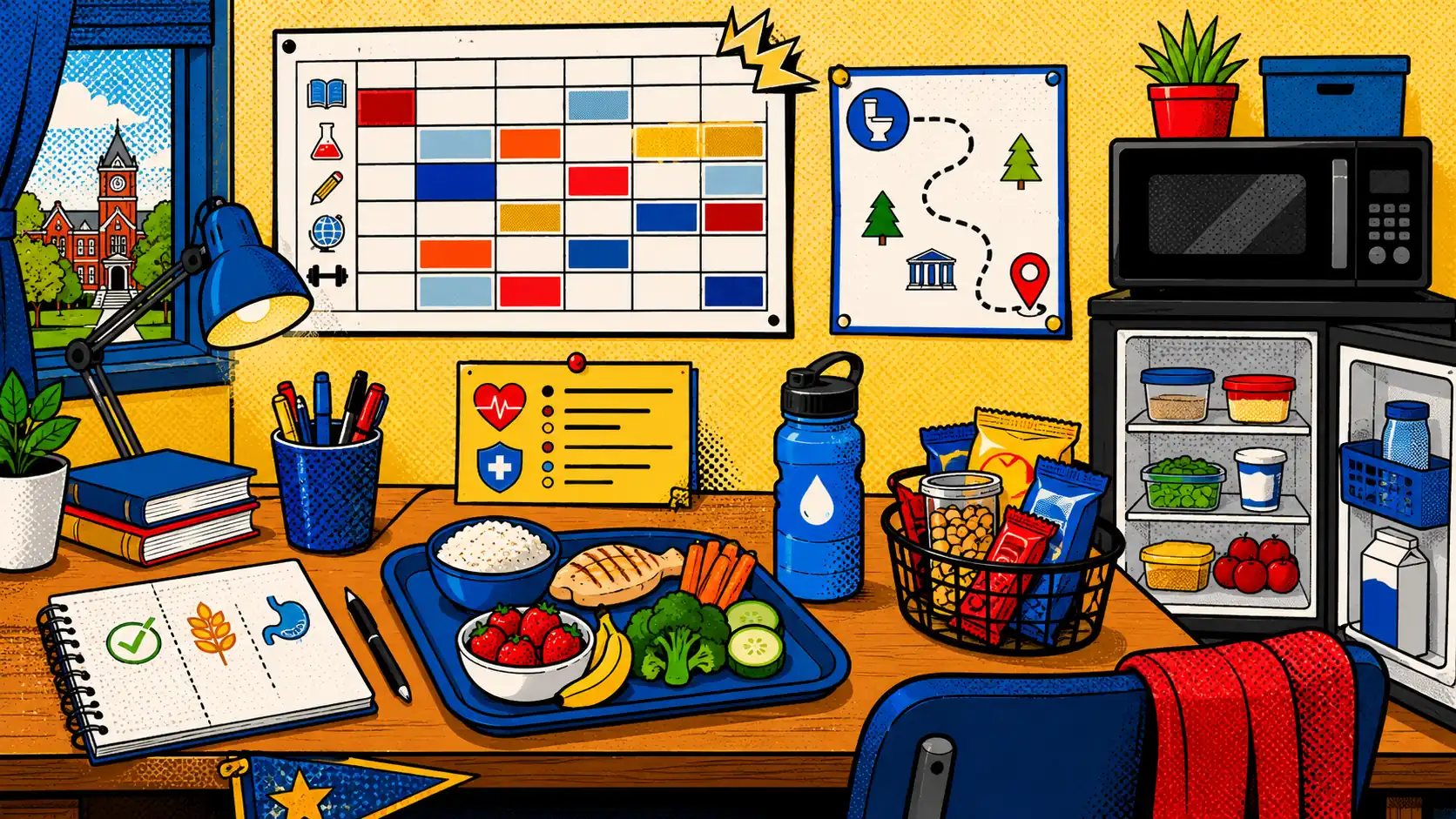 Build the IBS plan around the campus you actually live in. Pop art style hero image showing a college dorm IBS planning board with a dining hall tray, mini-fridge, microwave, class schedule, bathroom route card, water bottle, and campus health note.