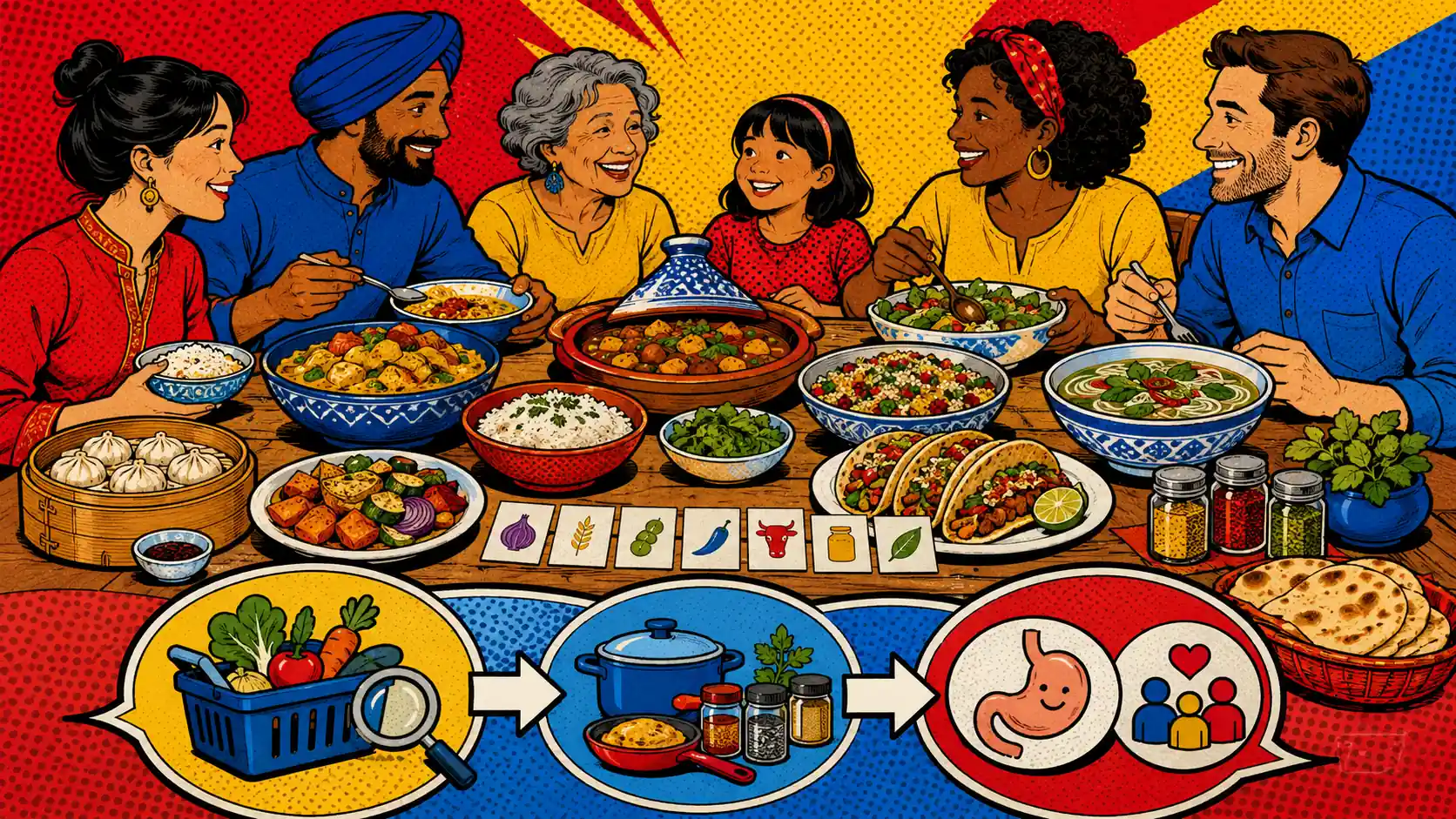 Keep food identity in the plan from the beginning. Pop art style hero image showing a shared family table with colorful staple dishes, spice jars, serving bowls, low-FODMAP swap cards, and a three-step path for restriction, reintroduction, and personalization.