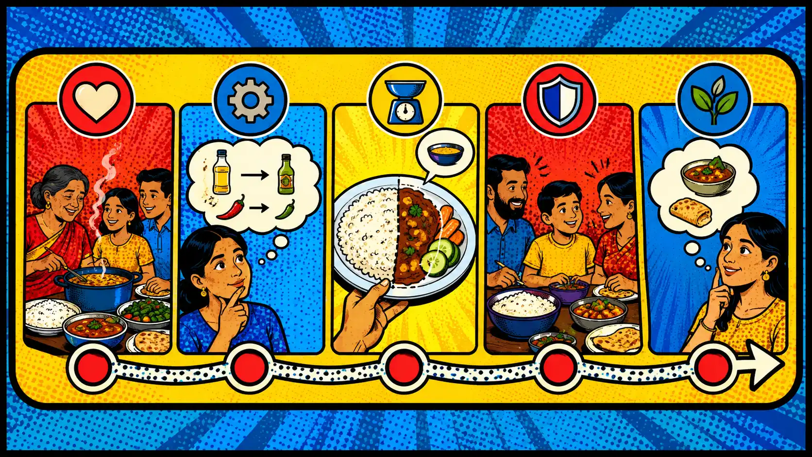Adapt the meal without making tradition the problem. Pop art style route card showing five labeled panels: keep tradition, choose one variable, test portion, protect shared meals, and reintroduce tolerated foods.