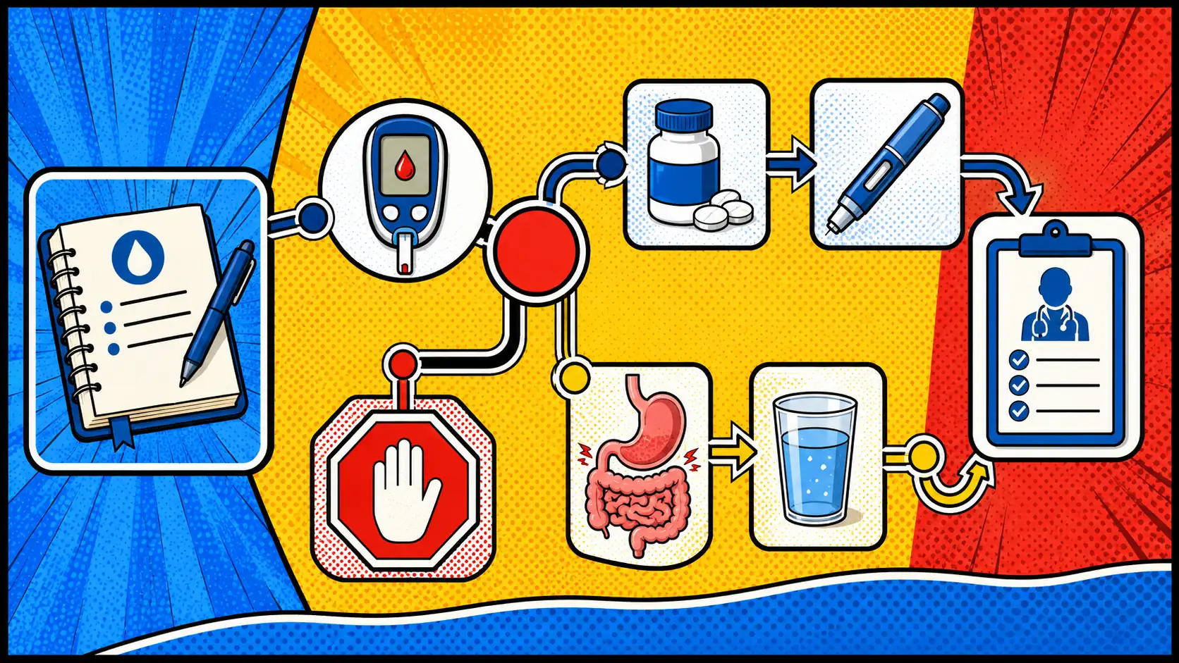 When diabetes medicines overlap with gut symptoms, start with the timeline. Pop art style hero image showing a symptom journal, glucose meter, metformin bottle, GLP-1 pen, stomach icon, hydration cup, and clinician clipboard for sorting IBS-like gut symptoms.