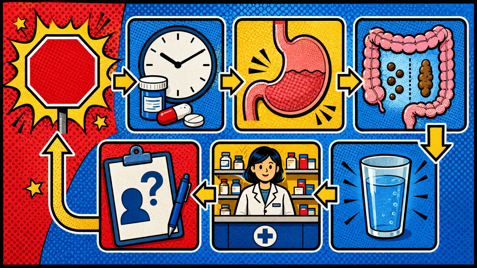 Sort the symptom center before changing the plan. Pop art style route card showing red flags, medicine timing, upper-gut symptoms, lower-gut symptoms, hydration risk, and clinician or pharmacist questions.