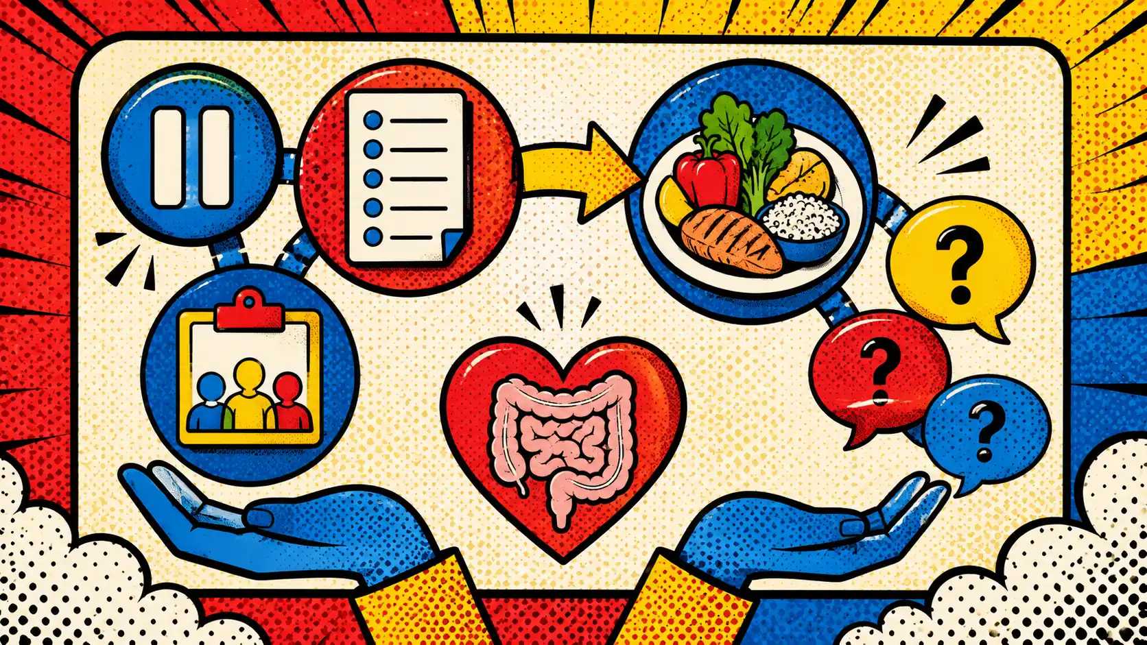 A restriction-risk conversation card helps pause before the safe-food list shrinks. Pop art style restriction-risk conversation card with pause signs, symptom support, care-team questions, and flexible eating icons.