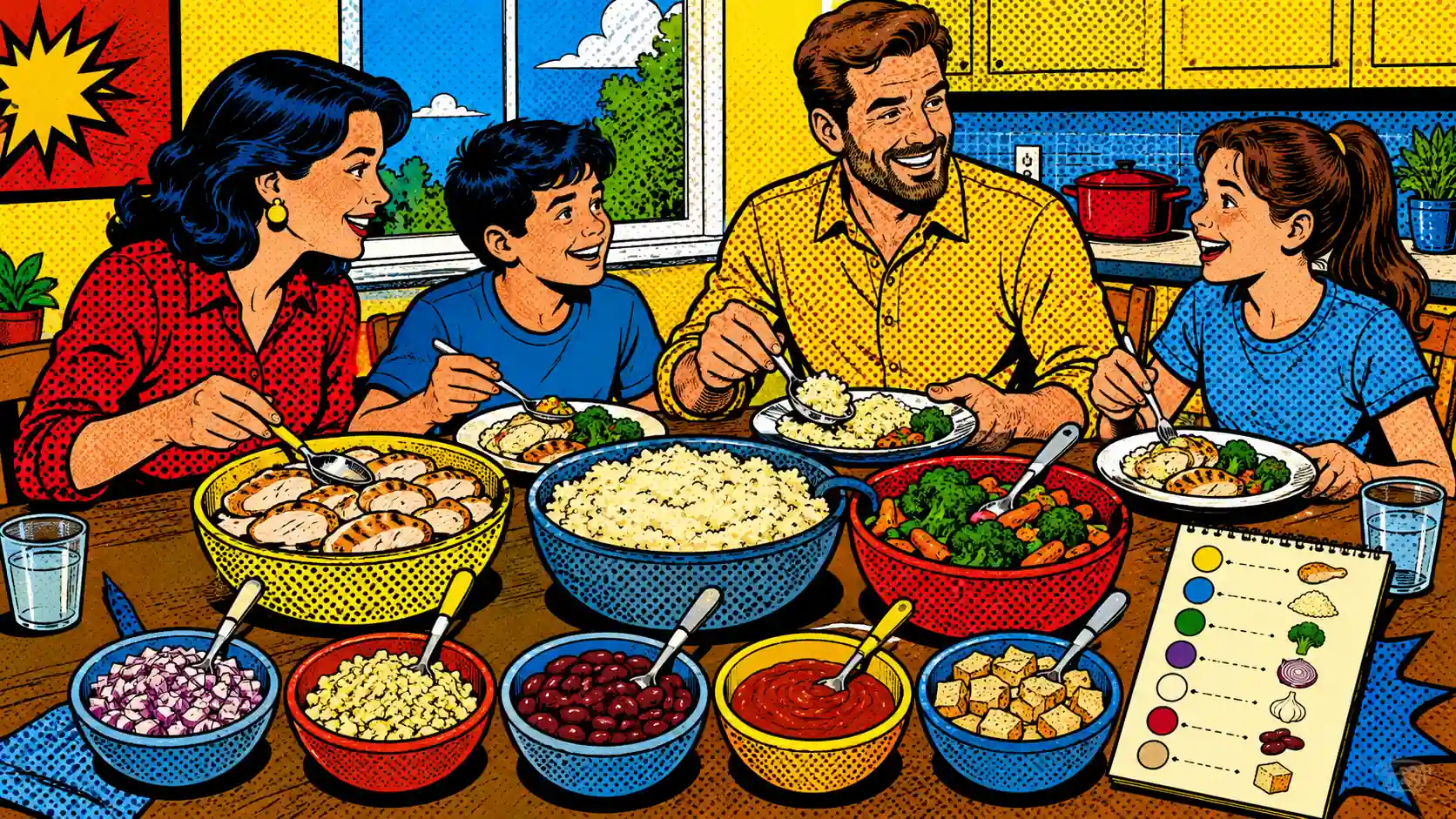One shared base can keep dinner together without making two complete meals. Pop art style family dinner table with one low-FODMAP base meal, separate add-on bowls, a sauce jar, and a small portion checklist.
