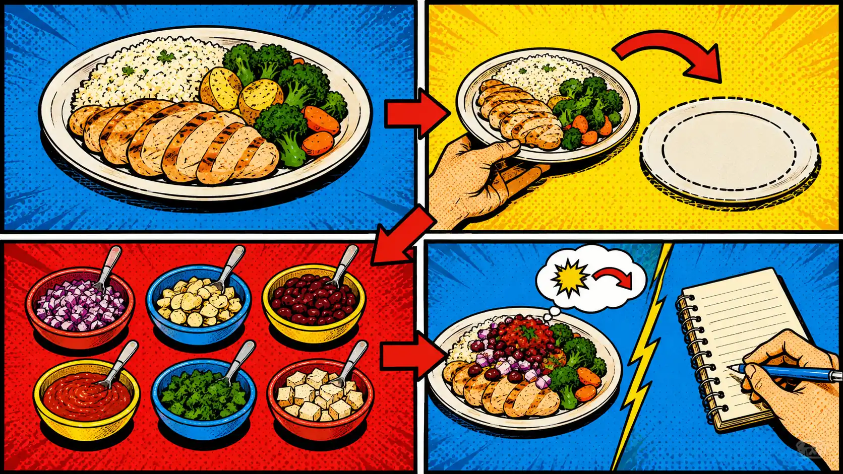 The base is shared. The finishers are flexible. Pop art style route board showing one shared low-FODMAP meal base, separate add-ons, sauce checks, and Step 2 or Step 3 personalization routes.