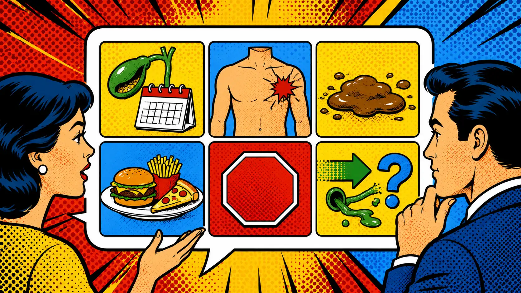 A gallbladder diarrhea conversation card keeps history, pain, stool pattern, and bile-acid questions together. Pop art style gallbladder diarrhea conversation card with gallbladder history, pain location, stool pattern, fatty-meal clues, red flags, and bile-acid questions.