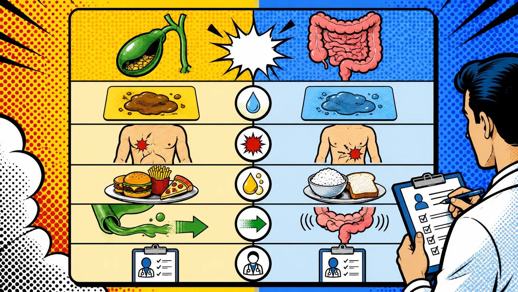 Gallbladder history can change the IBS-D diarrhea question. Pop art style comparison board for gallbladder diarrhea vs IBS-D with gallbladder icon, watery stool card, upper-right pain marker, fatty meal clue, bile-acid arrow, and clinician clipboard.
