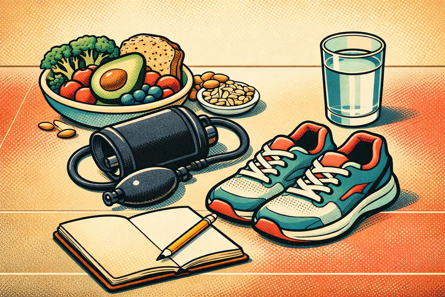 The gut-heart axis is most useful when it leads to better daily habits, not more hype Editorial still life showing fiber-rich foods, walking shoes, and a blood pressure cuff as practical gut-heart support habits