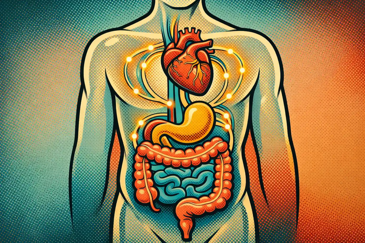 The gut-heart axis connects microbiome activity with whole-body signaling Editorial illustration showing the digestive tract and heart connected through systemic signaling