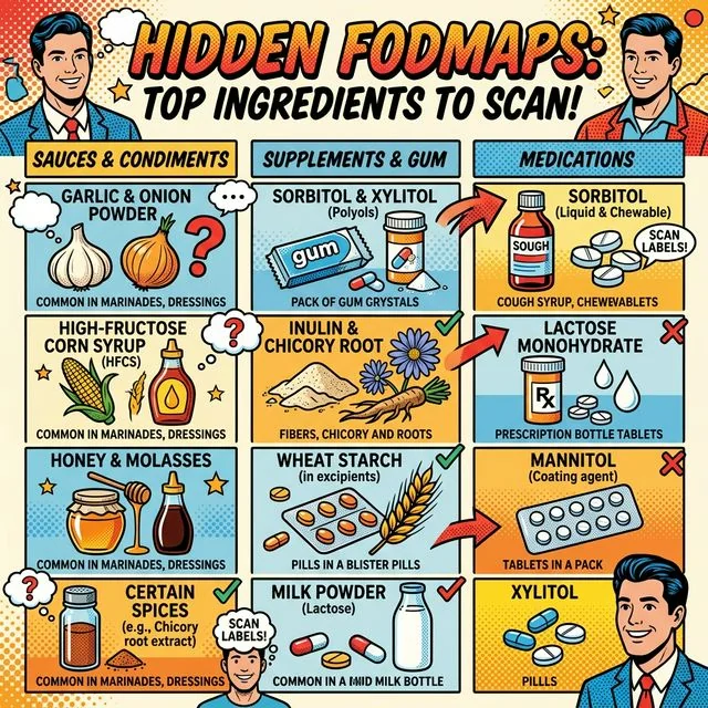 Start with the explicit triggers that carry the most practical signal. A comparison graphic showing what to scan first on sauces, supplements, and medications for hidden FODMAPs.
