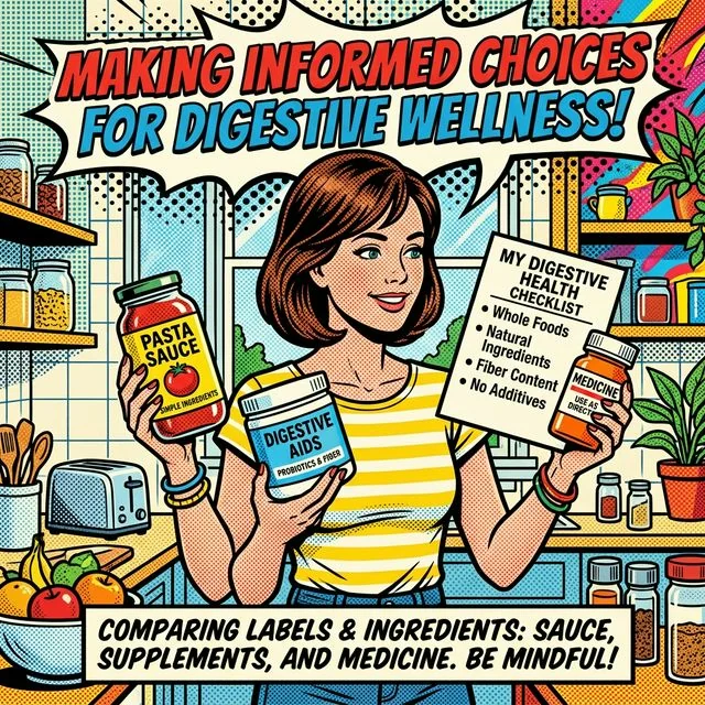 Sometimes the real trigger is hiding in the jar, tub, or bottle you barely thought about. A person comparing a sauce jar, supplement tub, and medicine bottle with a simple ingredient checklist beside them.