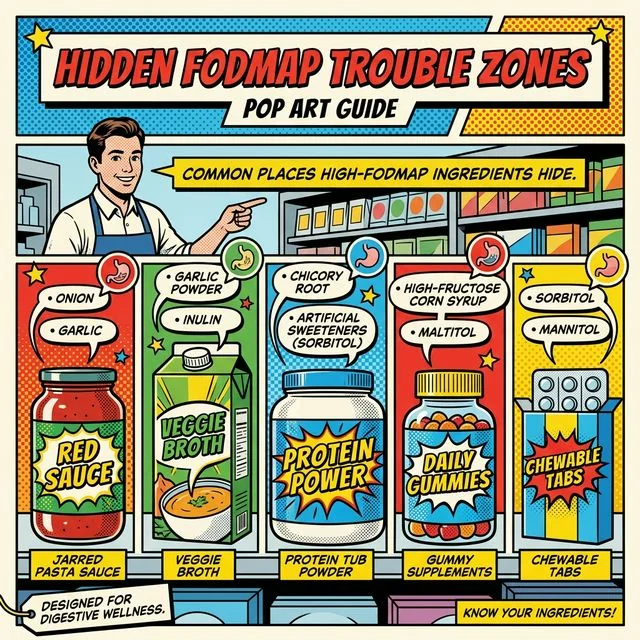 Hidden ingredients usually show up in a few repeat trouble zones, not everywhere at once. A visual showing common hidden-FODMAP trouble zones across jarred sauce, broth, protein powder, gummy supplements, and chewables.