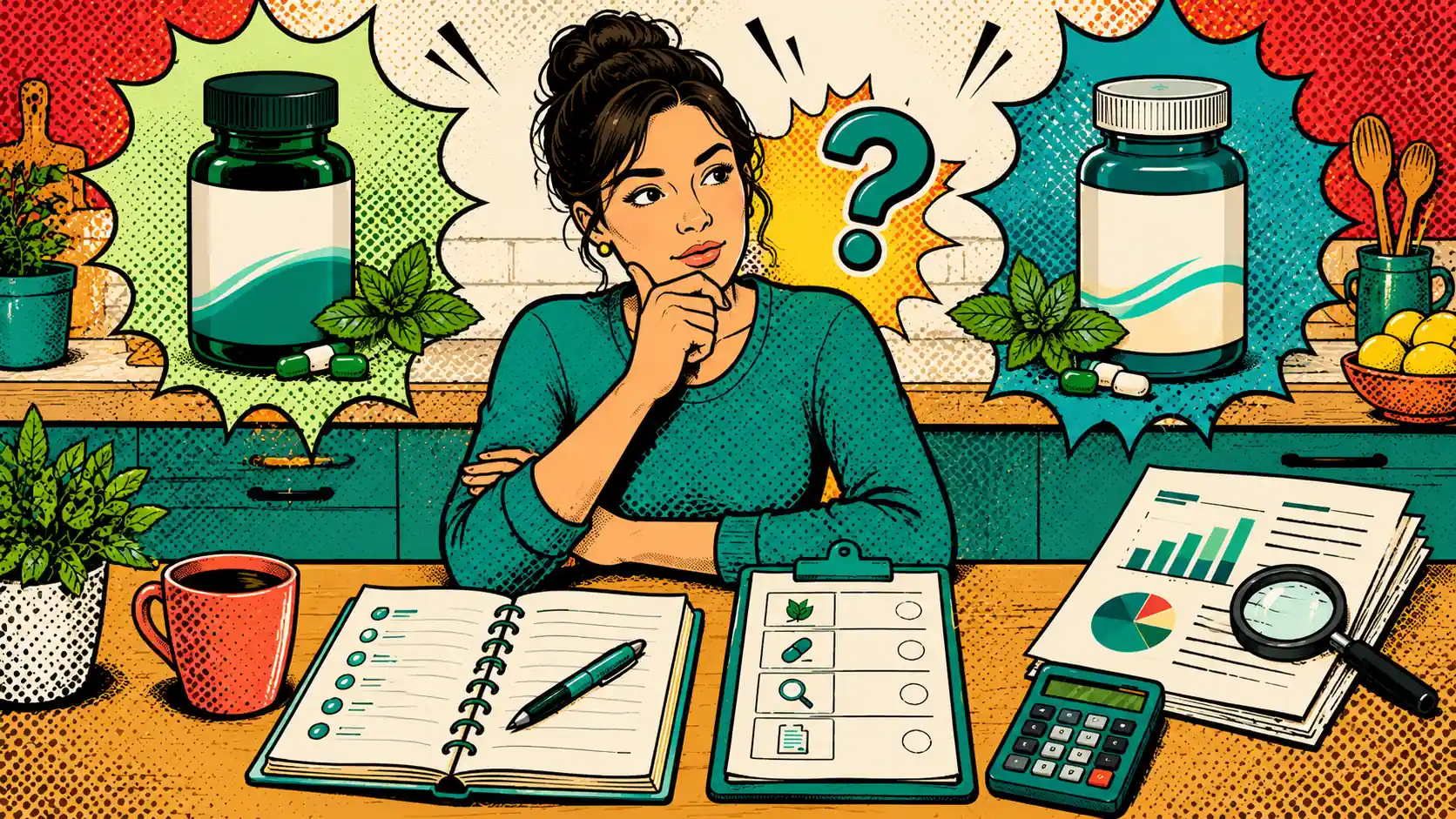 Compare verified differences before choosing a peppermint capsule. An adult compares two unbranded peppermint capsule containers using a checklist for label facts, evidence, tolerance, and cost.