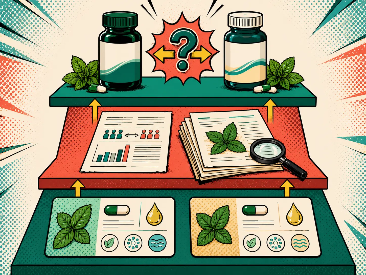 A formulation difference is not the same as comparative evidence. A three-level evidence ladder separates product labels, individual clinical trials, and the missing head-to-head comparison.