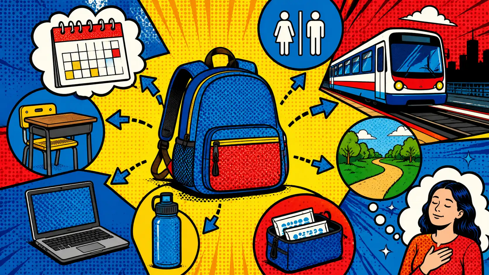 IBS away from home needs a day plan, not more panic. Pop art style commuter backpack, calendar, restroom sign icon, bus or train, school desk, office laptop, water bottle, and calm route arrows showing an IBS away-from-home plan.