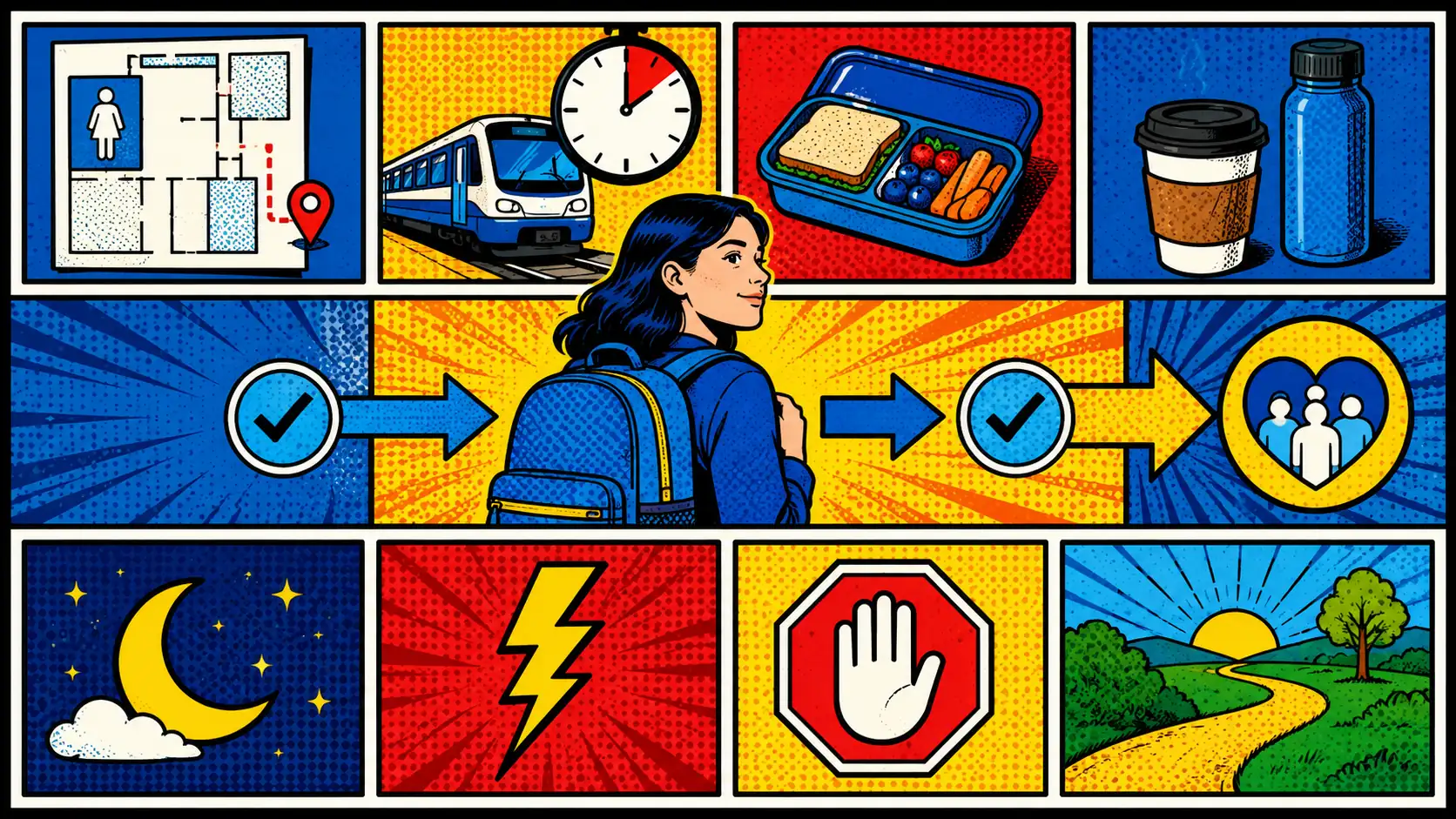 A public-day IBS plan starts with the dominant risk. Pop art style day-plan board separating bathroom map, commute buffer, meal timing, caffeine, hydration, flare stop signs, and support route.