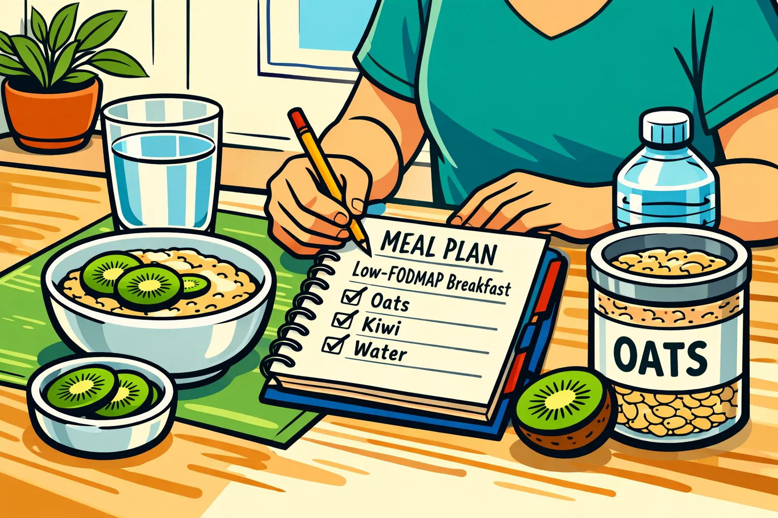 Low FODMAP works better for IBS-C when the plan supports bowel movement, not just restriction. An adult building a constipation-friendly low-FODMAP breakfast with oats, kiwi, water, and a simple meal plan on the table.