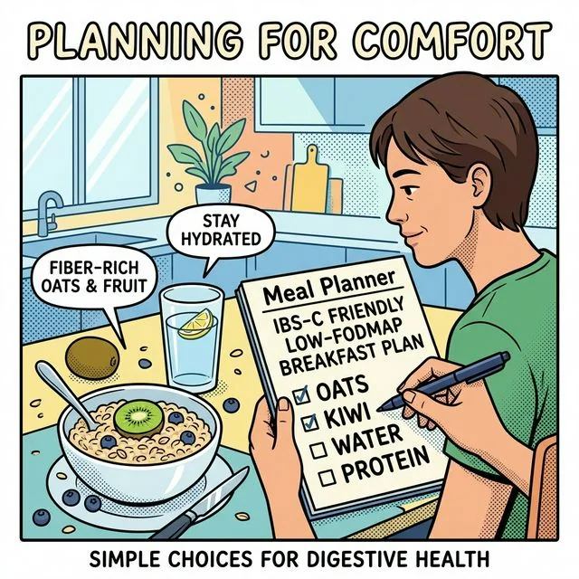 Low FODMAP works better for IBS-C when the plan supports bowel movement, not just restriction. An adult building a constipation-friendly low-FODMAP breakfast with oats, kiwi, water, and a simple meal plan on the table.