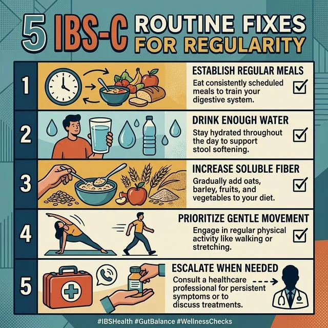 A better IBS-C routine supports the food plan instead of working against it. A routine checklist graphic showing regular meals, enough water, walking, soluble fiber, and escalation when needed for IBS-C support.