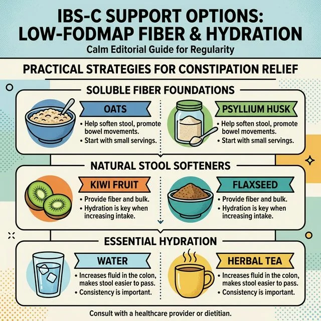 For IBS-C, the right fiber shift usually matters more than more restriction. A comparison graphic showing constipation-friendly low-FODMAP support options such as oats, psyllium, kiwi, flax, and water-based meal support.