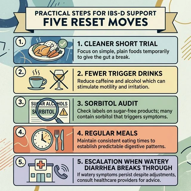 A calmer IBS-D routine supports the food plan instead of making urgency harder to read. A calmer-day reset graphic showing regular meals, still water, a cleaner low-FODMAP trial, symptom-targeted support, and escalation when watery diarrhea persists.