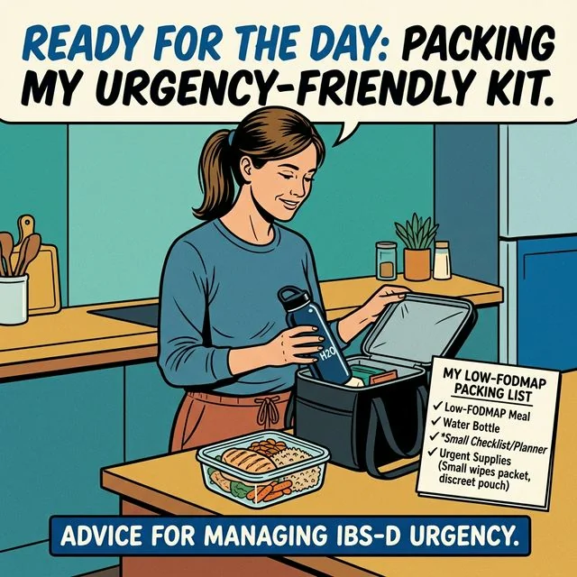 Low FODMAP works better for IBS-D when the plan reduces urgency without shrinking your whole life. An adult packing an urgency-friendly low-FODMAP meal, water bottle, and small checklist before leaving home.
