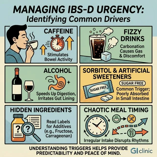 Before cutting more foods, audit the trigger pattern that still keeps urgency alive. A practical audit graphic showing caffeine, fizzy drinks, alcohol, sorbitol, hidden ingredients, and chaotic meal timing as common IBS-D urgency drivers.