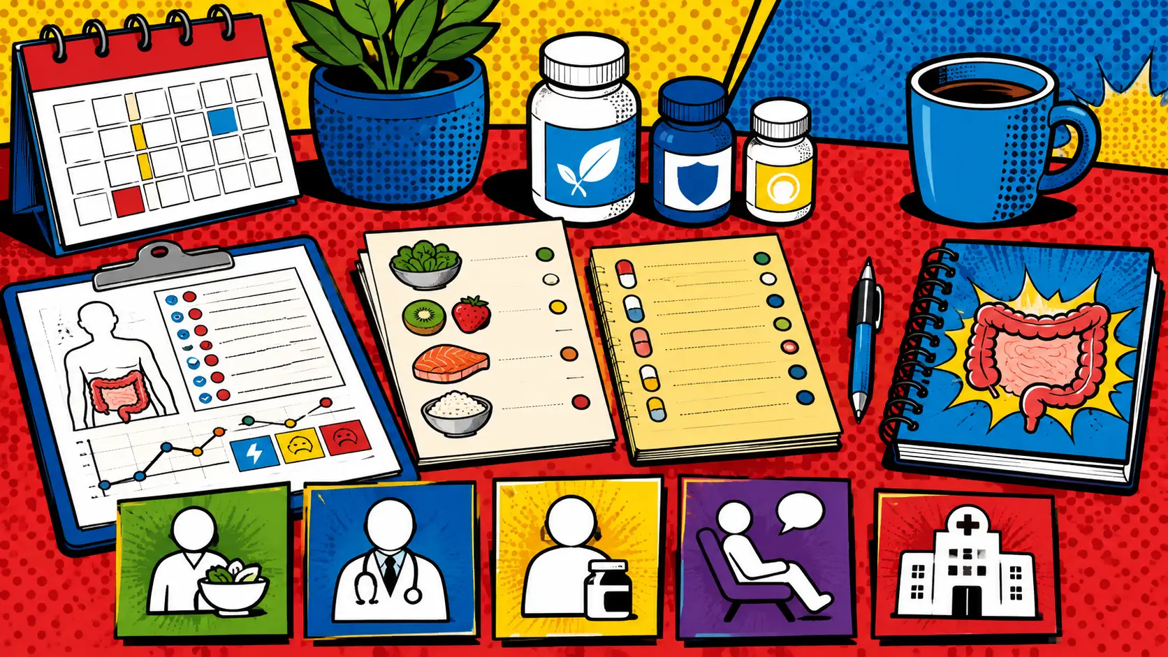 Different IBS questions need different care-team roles. Pop art style care-team route map showing symptom tracker, dietitian, clinician, pharmacist, therapist, and urgent-care pathways.