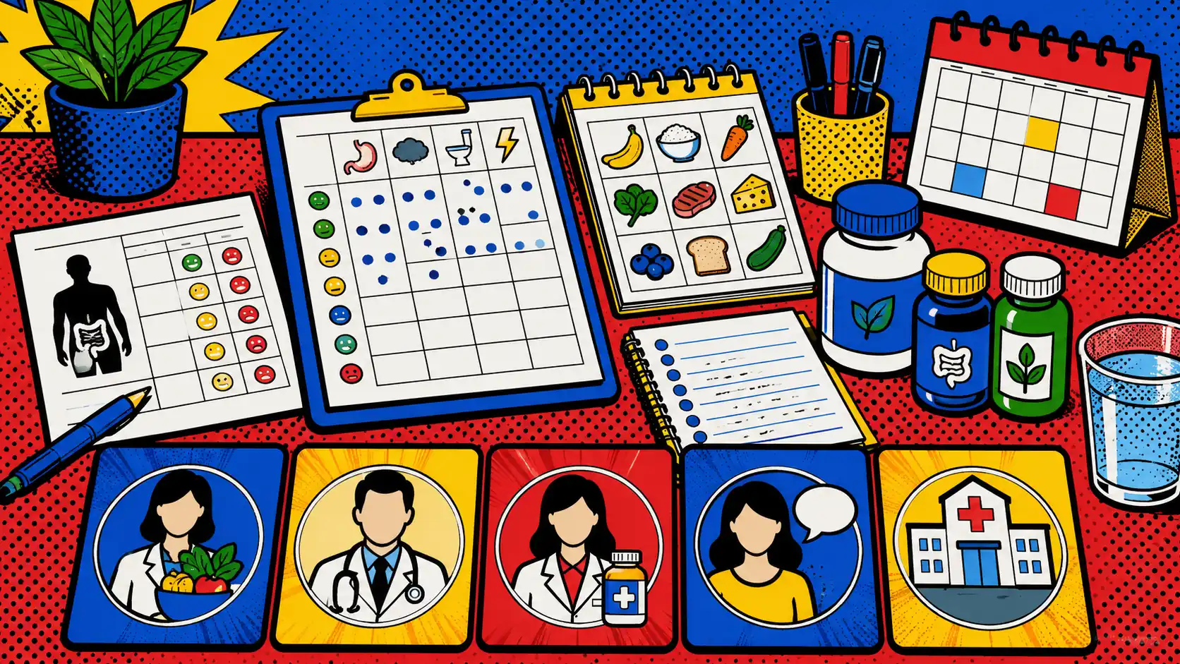 Bring the pattern, not a perfect diary. Pop art style hero image showing a dietitian visit prep table with a symptom tracker, food notes, medication list, supplement bottles, and care-team role cards.