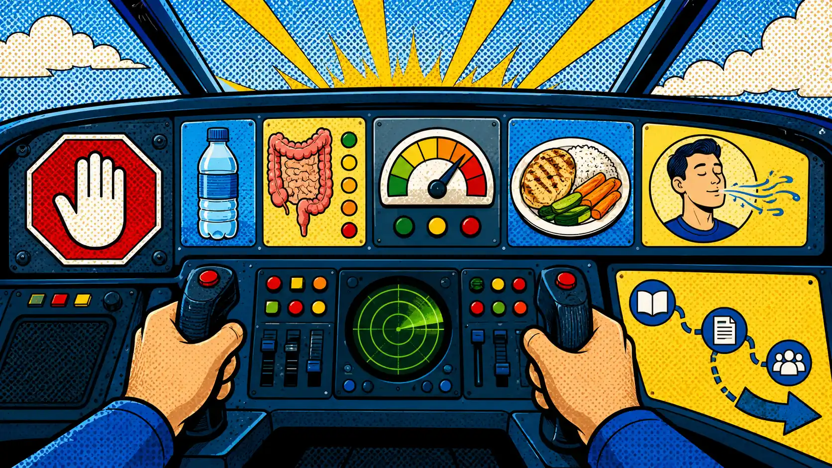 An IBS flare plan should help you stop, stabilize, and choose the right next route. Pop art style IBS flare cockpit dashboard with stop signs, hydration, stool pattern, pain dial, meal simplification, and next-route arrows.
