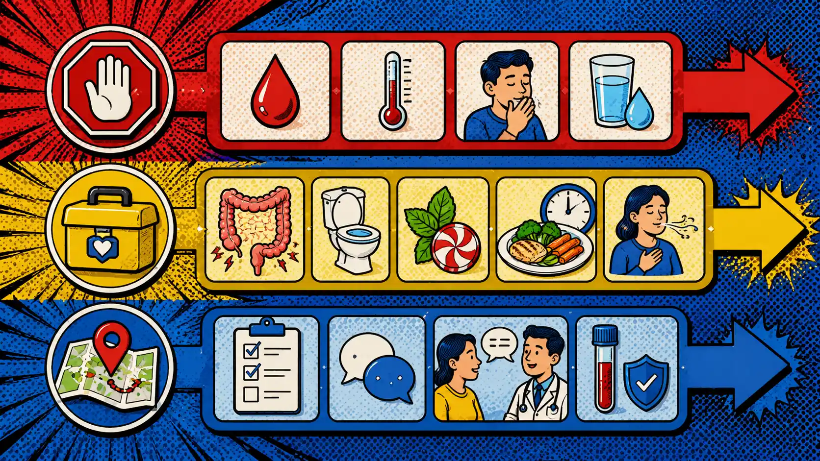 Stop signs come before same-day IBS flare experiments. Pop art style stop-sign and next-route board separating urgent symptoms, same-day stabilization, and follow-up IBS guides.