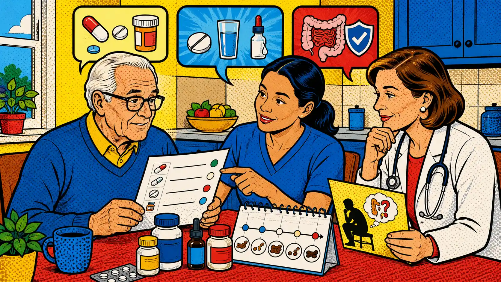 Start with the timeline, medicine list, and stop signs. Pop art style hero image showing an older adult reviewing a medication list, symptom timeline, and bowel-change question card with a clinician.