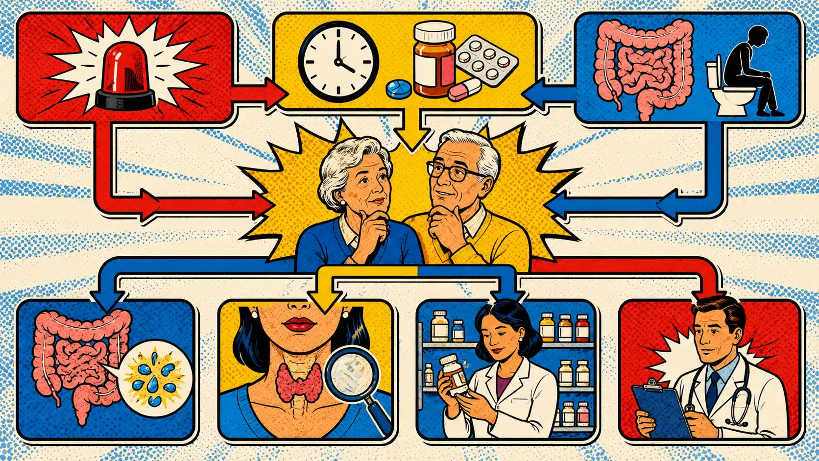 The right route depends on what changed, what is new, and what needs review. Pop art style route board showing red flags, medication timing, constipation route, diarrhea route, thyroid clues, and clinician review.