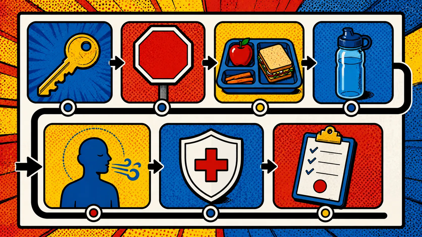 A school-day route card keeps bathroom access, meals, stress, and care escalation visible. Pop art style teen IBS school-day route card with bathroom access, stop signs, meals, hydration, stress support, and appointment prep icons.