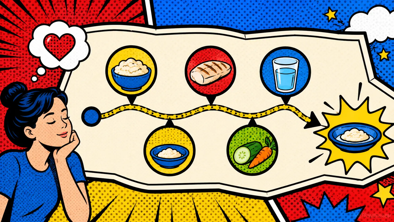 Build the first meal from familiar pieces. Pop art style gentle IBS plate board showing familiar starch, tolerated protein, simple fluid, small portion, and optional produce.