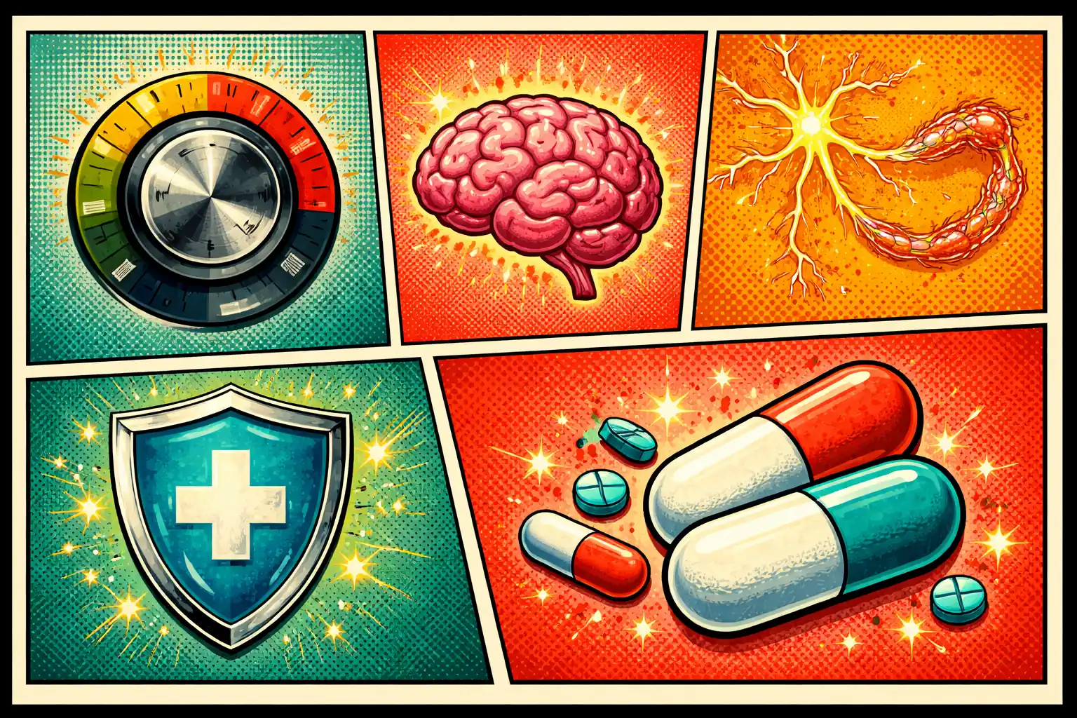 How the major IBS treatment classes target different parts of the problem Retro pop art infographic comparing IBS treatment classes including serotonin modulators, neuromodulators, and gabapentinoids with their mechanisms.